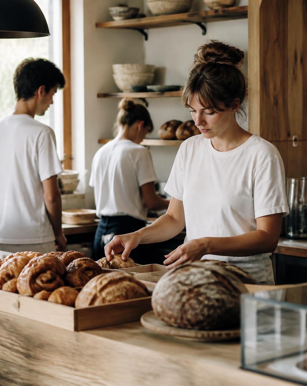 Bakery team in plain white t-shirts behind the counter