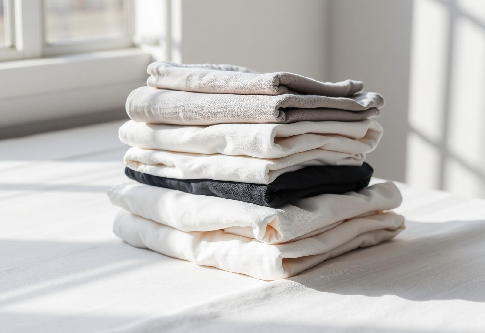 Folded custom apparel on a linen surface