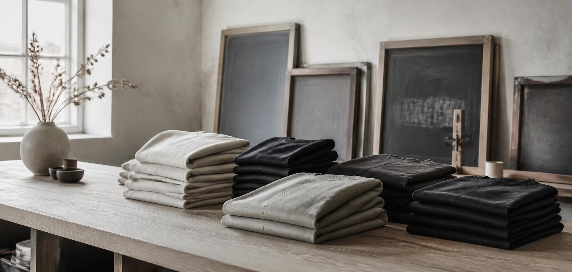 Folded custom apparel and screen-printing frames in a Nordic workshop