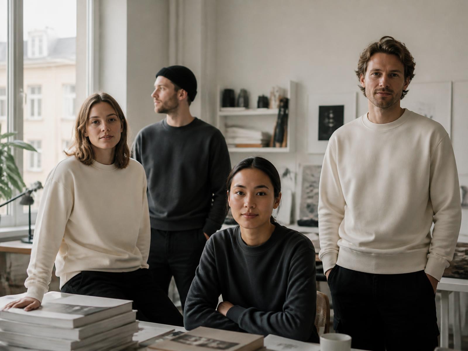A team wearing custom-branded sweatshirts in a Stockholm studio